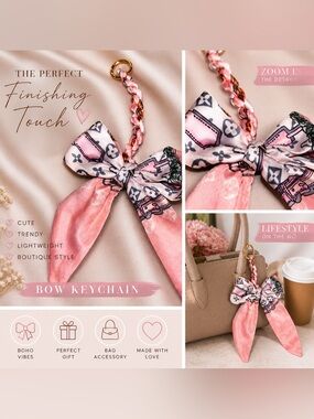Boutique Pink Bow Keychain Scarf Charm Cute Purse Accessory Trendy Bag Charm